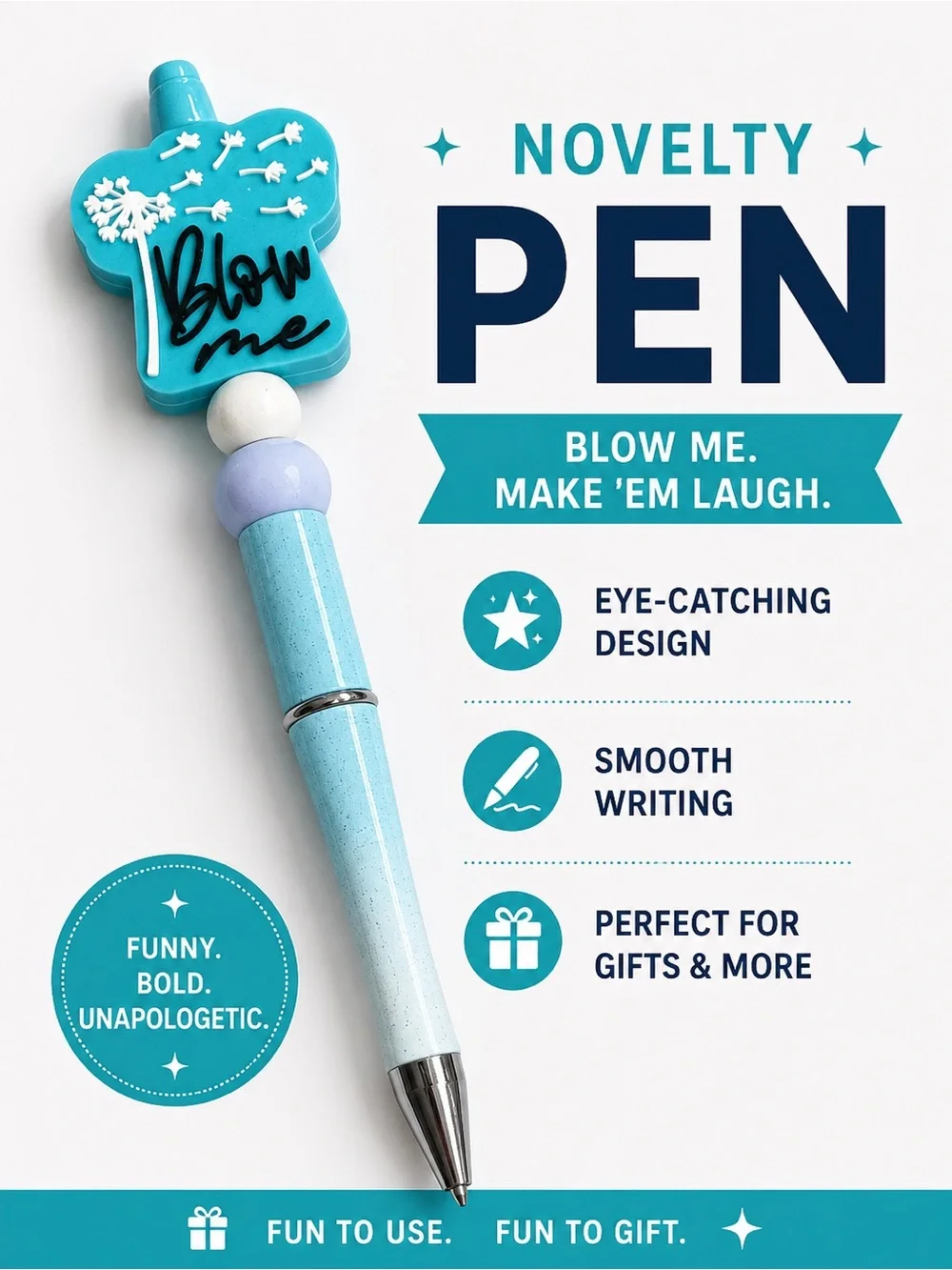 Light Blue Dandelion Charm Ballpoint Pen - 'Blow Me'